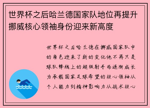 世界杯之后哈兰德国家队地位再提升挪威核心领袖身份迎来新高度